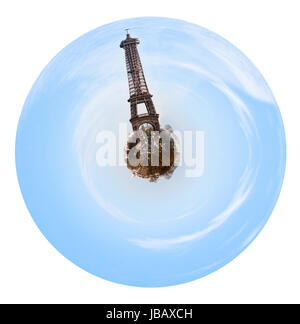 kleine Planeten - urban sphärischen Ansicht von Paris mit großen Eiffel Turm isolierten auf weißen Hintergrund Stockfoto