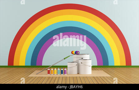 Dosen und Flaschen bunte Farbe und Roller-Bürste vorne an der Wand mit Regenbogen Stockfoto