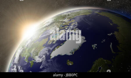 Sonnenuntergang über der Arktis auf Planeten, die Erde aus dem Weltraum mit Sonne angesehen und Sterne im Hintergrund. Elemente des Bildes von der NASA eingerichtet. Stockfoto