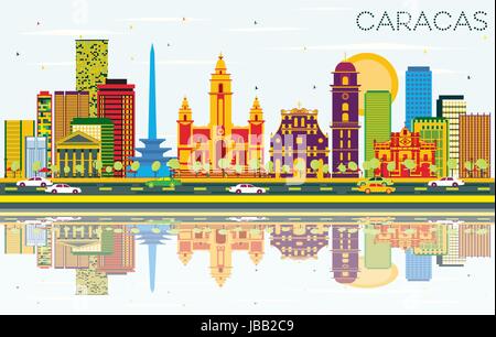 Caracas Skyline mit Farbe Gebäude, blauer Himmel und Reflexionen. Vector Illustration. Business Travel und Tourismus Konzept mit historischen Gebäuden Stock Vektor