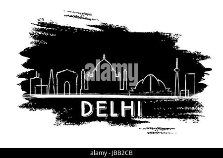 Delhi skyline Silhouette. Hand gezeichnete Skizze. Vector Illustration. Business Travel und Tourismus Konzept mit historischer Architektur. Stock Vektor