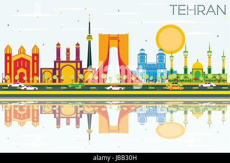 Teheran Skyline mit Farbe Wahrzeichen, blauer Himmel und Reflexionen. Vector Illustration. Business Travel und Tourismus Konzept mit historischen Gebäuden. Stock Vektor