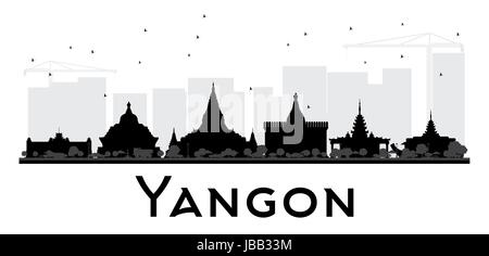 Yangon Stadt Skyline schwarz-weiß Silhouette. Einfache flache Konzept für Tourismus Präsentation, Banner, Plakat oder Website. Stadtbild mit Sehenswürdigkeiten. Stock Vektor