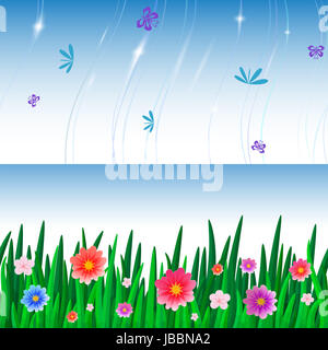 Banner mit sich wiederholenden Muster Fliese Gras mit Blumen und Himmel mit Insekten Stockfoto