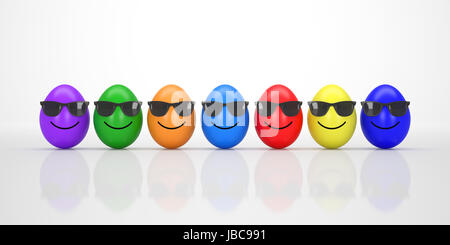 Bunte Ostereier mit Sonnenbrille Lächeln in einer Reihe auf weißem Hintergrund Stockfoto
