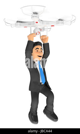 Geschäft Leute 3D-Illustration. Geschäftsmann hängen von einer Drohne fliegen. Isolierten weißen Hintergrund. Stockfoto
