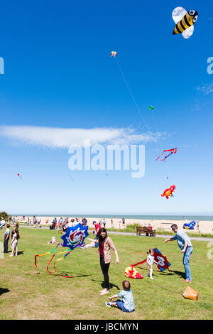 Menschen versammelt, auf Gras von Strand in Walmer in Kent, England, als Teil eines Drachen fliegen. Blauer Himmel mit verschiedenen Drachen fliegen. Stockfoto