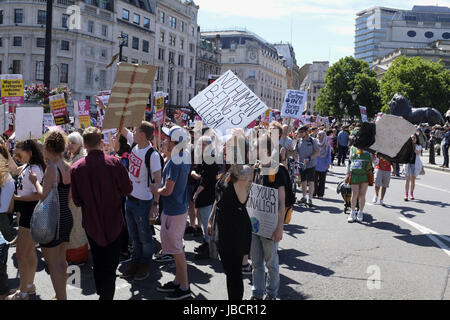 Demonstranten in der Nähe von Trafalgar Square in London. Demonstranten auf den Straßen von London, protestieren die Tory-Regierung und Ministerpräsident Theresa May. Stockfoto