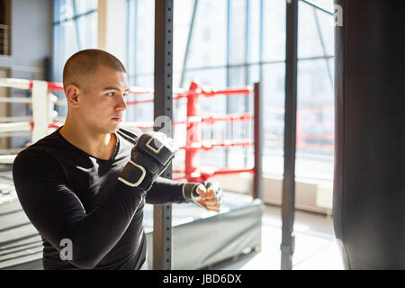 Porträt der jungen muskulösen Sport Mann schlägt Boxsack im Boxen Training im Fight Club, Training Geschwindigkeit und Kraft Stockfoto