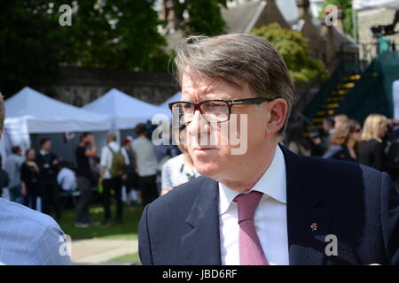 Peter Mandelson reagiert auf die 2016 General Wahlergebnisse am College Green, am Tag nach der Wahl. Stockfoto