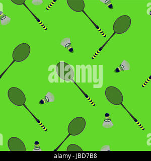 Schläger und Federball auf grünem Hintergrund Stockfoto