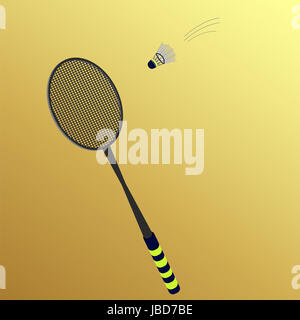 Schläger und Federball auf gelbem Hintergrund Stockfoto