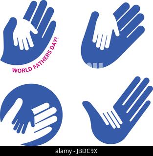 An Hand eines Kindes in der Hand eines Erwachsenen Vektor-Logos gesetzt. Welt-Vatertag. Symbol für Pflege, Freundlichkeit, Familie, Kinder, Eltern Stock Vektor