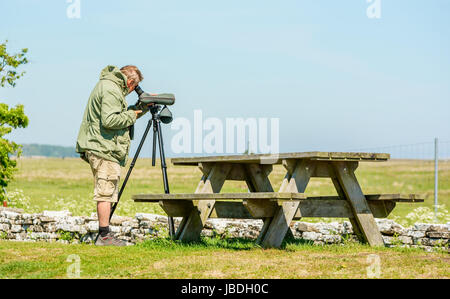 Ottenby, Schweden - 27. Mai 2017: Ökologische Dokumentarfilm. Männliche Vogelbeobachter Blick über die Landschaft mit Spektiv oder Monokular. Spotting Stockfoto