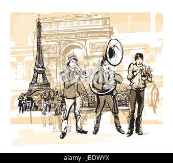 Musiker vor Eiffelturm in Paris - Vektor-illustration Stock Vektor