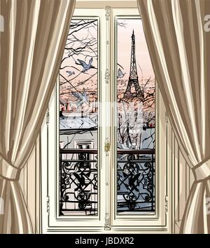 Frankreich, Paris - Fenster mit Eiffelturm und Dächer anzeigen Vektor-illustration Stock Vektor