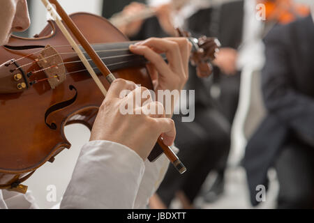 Klassik-Sinfonieorchester Streichersektion durchführen, Geigerin spielen im Vordergrund, Hände in der Nähe hoch Stockfoto