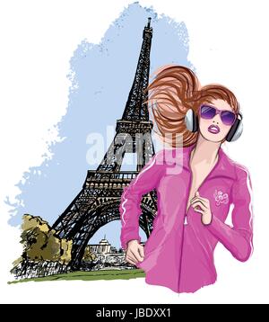 Hübsche blonde Frau in Paris - Vektor-Illustration zum Joggen Stock Vektor