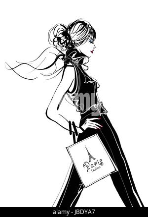 Hübsche Frau, shopping in Paris - Vektor-illustration Stock Vektor