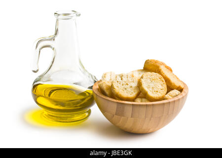 Bruschetta und Olive Öl auf weißem Hintergrund Stockfoto