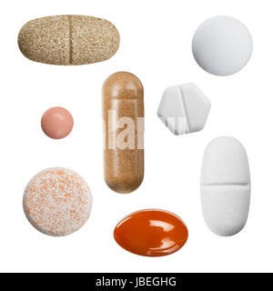 Vielzahl von Colorfull Pillen und Tabletten, isoliert auf weiss Stockfoto