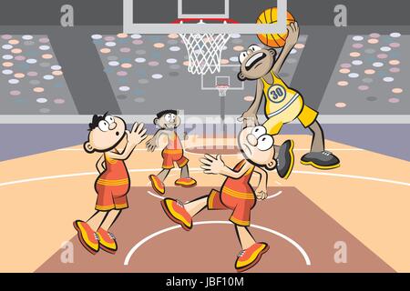 Vier Basketballspieler im Stadion. Konzeptionelle Vektor-Illustration. Stock Vektor