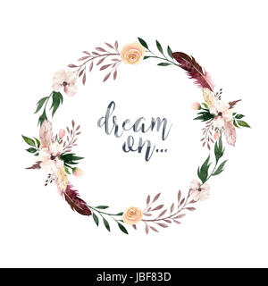 Hand-Zeichnung isoliert Boho Aquarell Blumenkränzen Illustration mit Blätter, Zweige, Blumen. Böhmische Kranz grün Kunst im Vintage-Stil. Eleme Stockfoto
