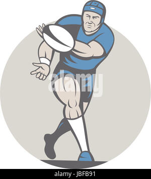 Beispiel für ein Rugby-Spieler den Ball nach vorne getan im Cartoon-Stil auf isolierte Hintergrund ausgeführt. Stockfoto