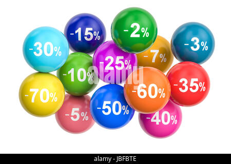 Verkauf und Rabatt-Konzept mit farbigen Kugeln. 3D-Rendering isoliert auf weißem Hintergrund Stockfoto