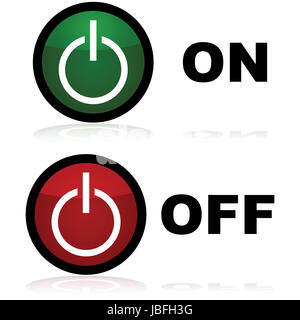 Glänzende Darstellung ein- und Ausschalten Tasten in grün und rot, bzw. Stockfoto