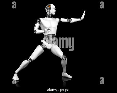 Einen männlichen Roboter stehen in einer kämpfenden Karate Pose. Schwarzer Hintergrund. Stockfoto