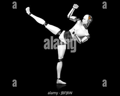 Einen männlichen Roboter tun einen Karate-Kick. Schwarzer Hintergrund. Stockfoto