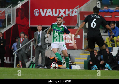 Nationale Fußball-Stadion im Windsor Park, Belfast. 2. Juni 2017. Vauxhall internationale Challenge Match - Nordirland 1 Neuseeland 0. Northern Ireland Stuart Dallas (14) in Aktion. Stockfoto