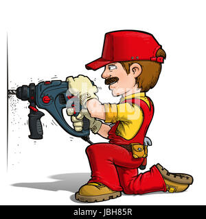 Cartoon Illustration ein Handwerker Bohren an der Wand. Stockfoto