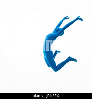 Frau verkleidet in blauen Anzug springt auf weißem Hintergrund Stockfoto