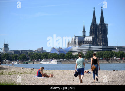 Köln, Deutschland. 11. Juni 2017. Leute aus Köln genießen das sommerliche Wetter an den Ufern des Rheins in Köln, Deutschland, 11. Juni 2017. Foto: Henning Kaiser/Dpa/Alamy Live News Stockfoto