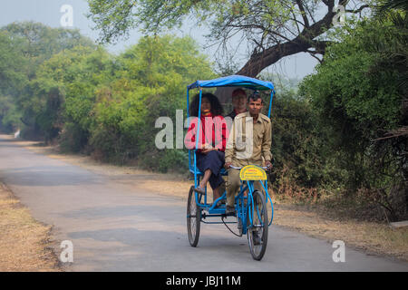 Besucher fahren Fahrrad Rikscha im Keoladeo Ghana Nationalpark in Bharatpur, Rajasthan, Indien. Der Park wurde im Jahr 1971 eine geschützte Oase erklärt und Stockfoto