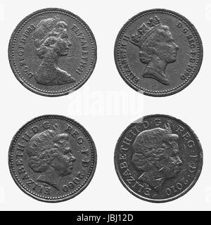 LONDON, ENGLAND, UK - 23. November 2013: Verschiedene Porträts von HM The Queen Elizabeth II auf ein Pfund-Münze im Jahre 1983-1990-2000 und 2010 isoliert auf weiß Stockfoto