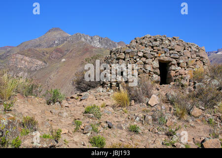 Pre-Inka Rundhaus benannt Colca in der Nähe von Chivay in Peru. Colcas sind kreisförmige Stein-Strukturen für die Lagerung von Lebensmitteln oder Bestattungen verwendet. Stockfoto