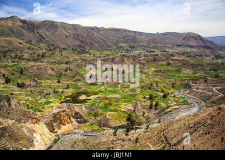 Ansicht des Colca Canyon in Peru. Es ist eines der tiefsten Canyons der Welt mit einer Tiefe von 3.270 Metern. Stockfoto