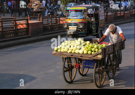 Lokale Mann schieben Karren mit Gemüse Johari Bazaar Street in Jaipur, Indien. Jaipur ist die Hauptstadt und größte Stadt von Rajasthan. Stockfoto