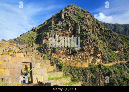 Inkafestung in Ollantaytambo, Peru. Ollantaytambo war das Königsgut Kaiser Pachacuti, die die Region erobert. Stockfoto