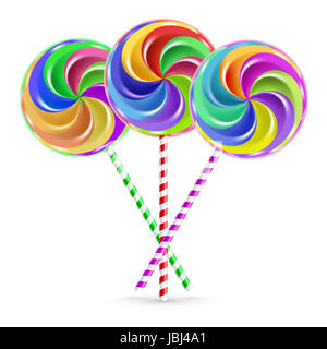 Die bunte Lutscher auf gestreiften Stangen über weiß Stockfoto