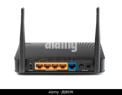 WLAN-Router für Internet-Verbindungen. Der Blick von der Rückseite her. Isolieren Sie auf weiß. Stockfoto