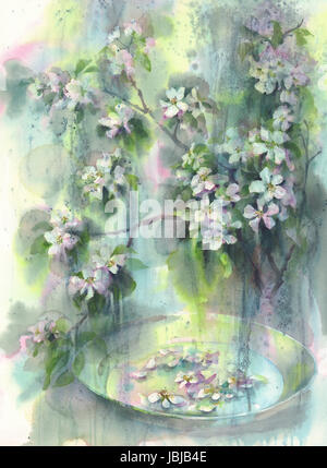 Apfel Baum Blumen regen Aquarell Stockfoto