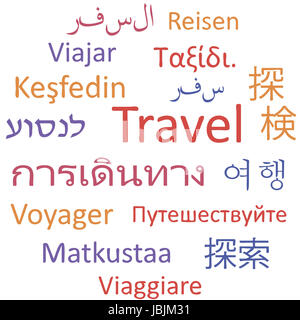 Tag-Cloud: "Reisen" in verschiedenen Sprachen. Vektor-Illustration. Stockfoto