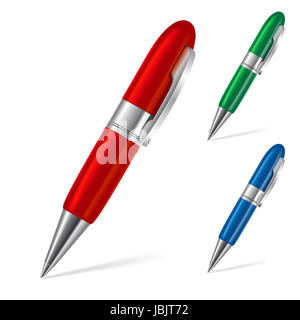 Satz von drei Farbe-Kugelschreiber isoliert auf weißem Hintergrund Stockfoto