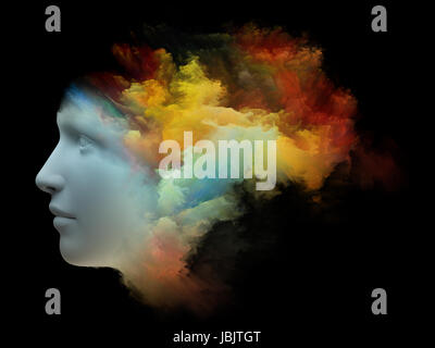 Bunte Mind-Serie. Abstrakte Muster des menschlichen Kopfes und Fraktale Farben zum Thema träumen, denken, Bewusstsein, Geist und Phantasie gemacht Stockfoto
