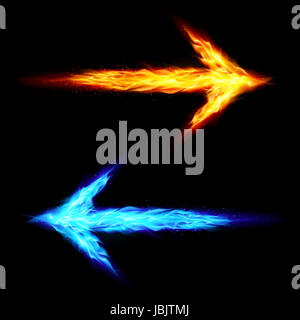 Blau und Orange Feuer Pfeile zeigen in entgegengesetzte Richtungen auf schwarzem Hintergrund Stockfoto