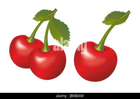 Kirschen Obst isoliert auf festen weißen Illustration. Einzel- und Doppelzimmer Kirsche. Stockfoto